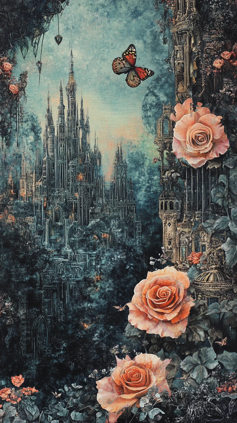 Cidade fantástica e rosas em uma composição vertical dramática