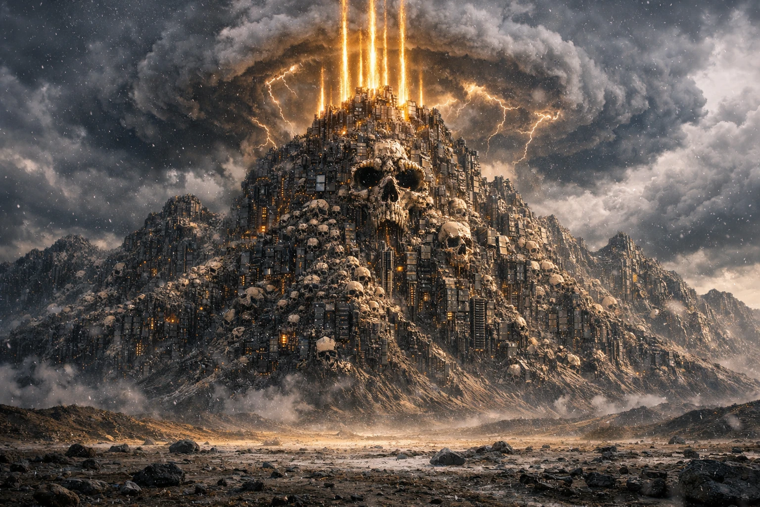 Colossal data god machine towering over stormy wasteland