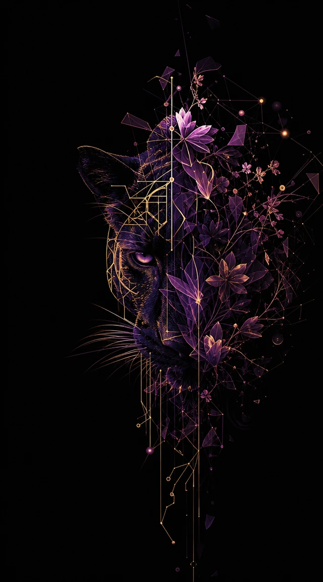 Panthère fragmentée se dissolvant en formes florales néon abstraites