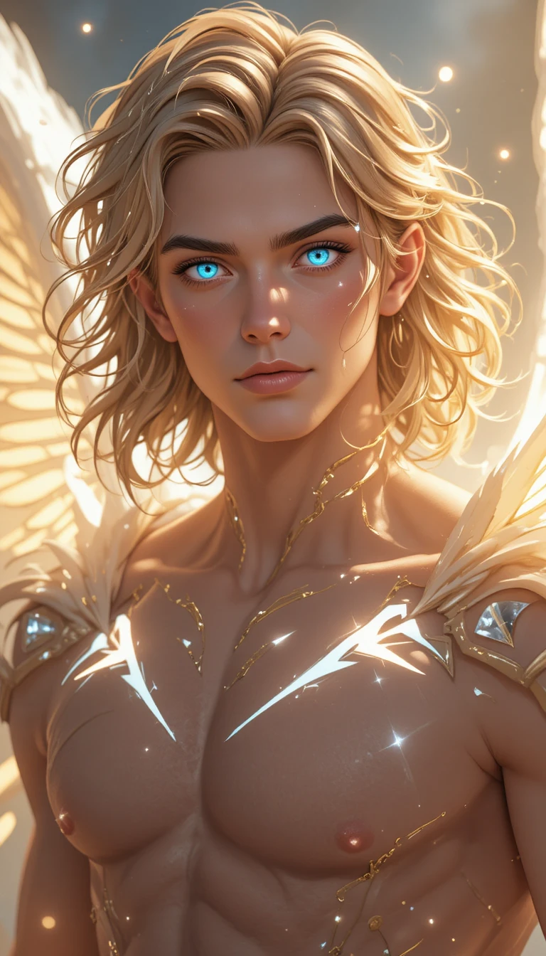 Jeune homme angélique aux ailes lumineuses, style anime