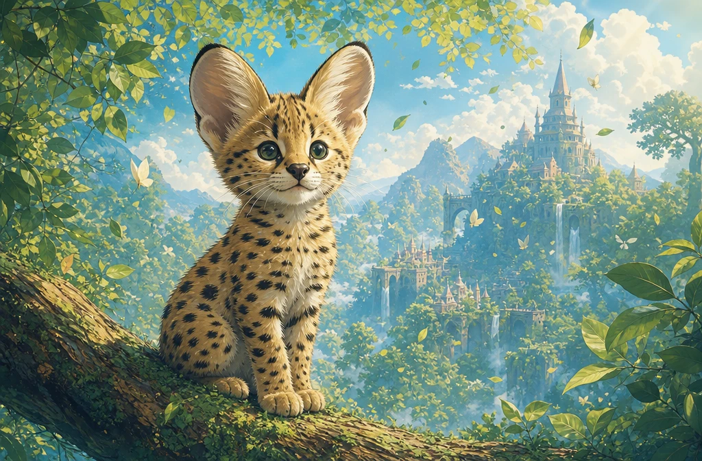 Adorable chaton serval sur une branche de forêt baignée de soleil