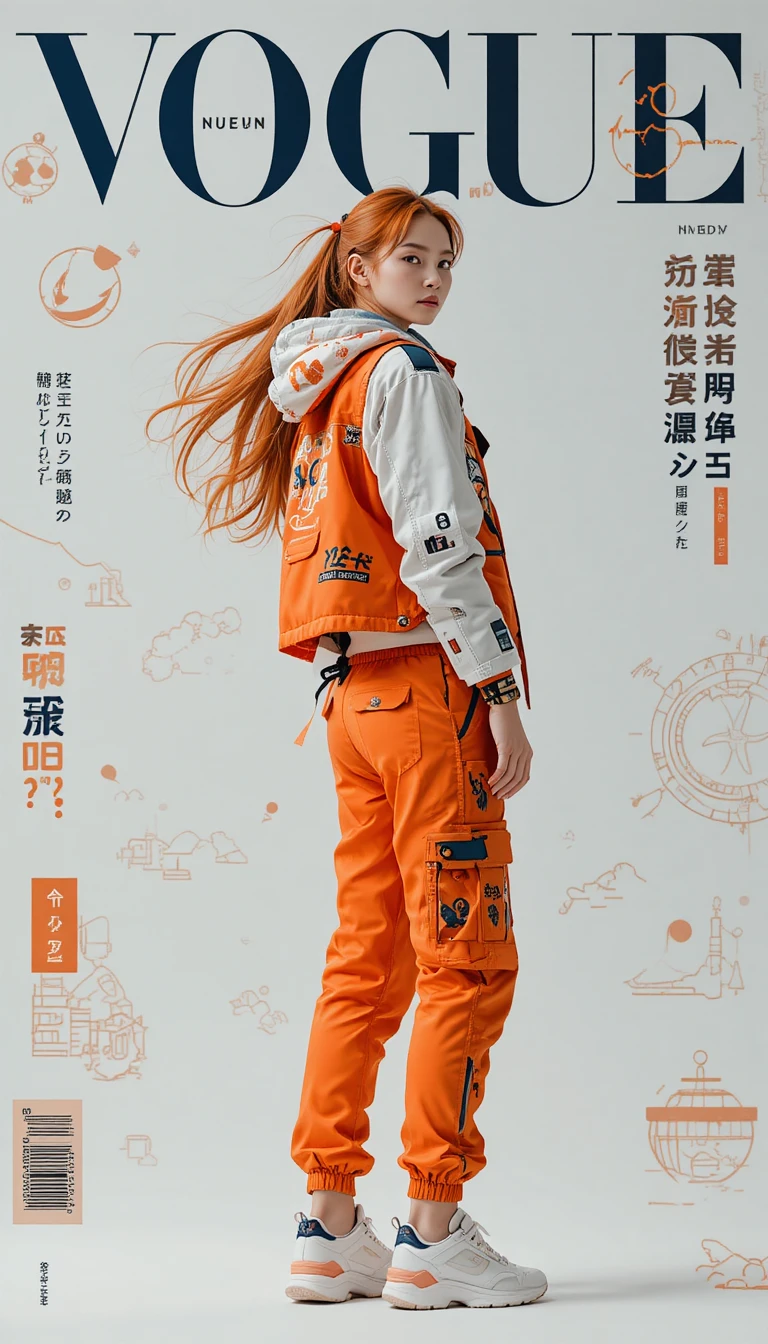 Confident orange haired model in futuristic nautical fashion