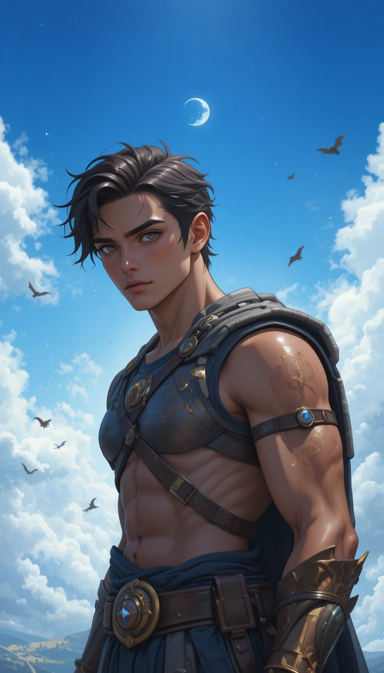 Geflügelter Fantasy-Mann mit dunklem Haar und feuriger Aura