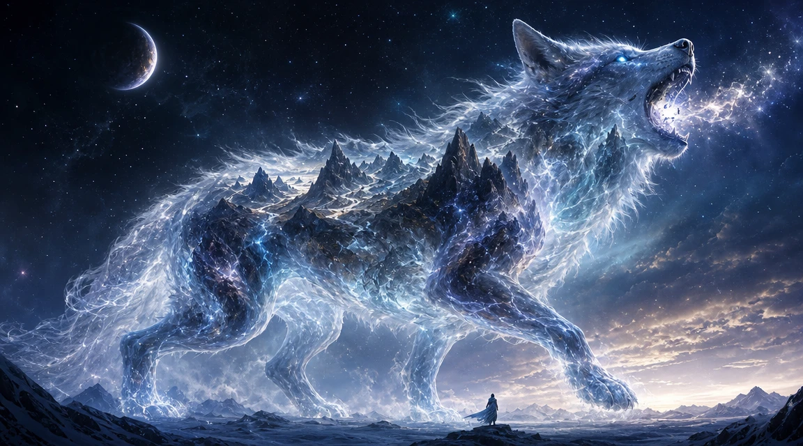 Lobo colossal translúcido caminhando por uma planície estrelada