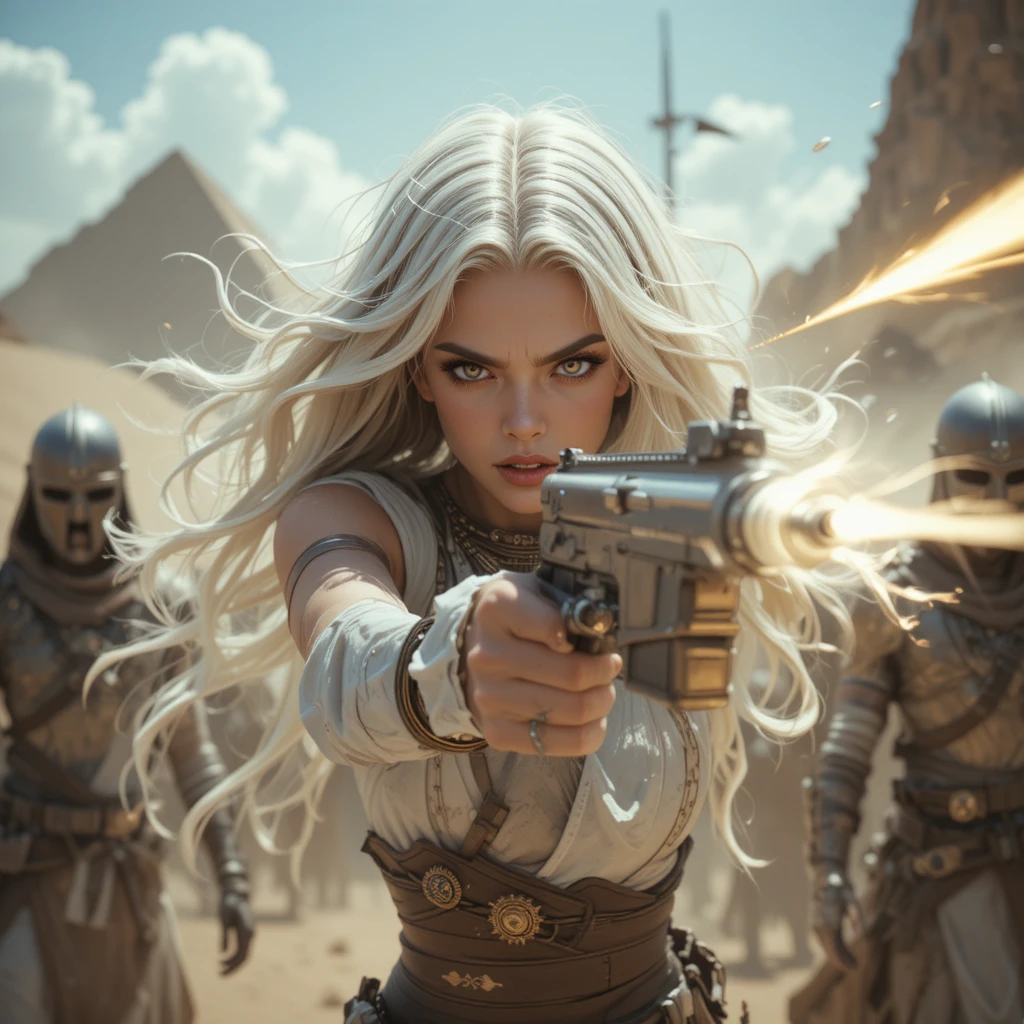 Garota de anime lutando contra guardas em um deserto ventoso