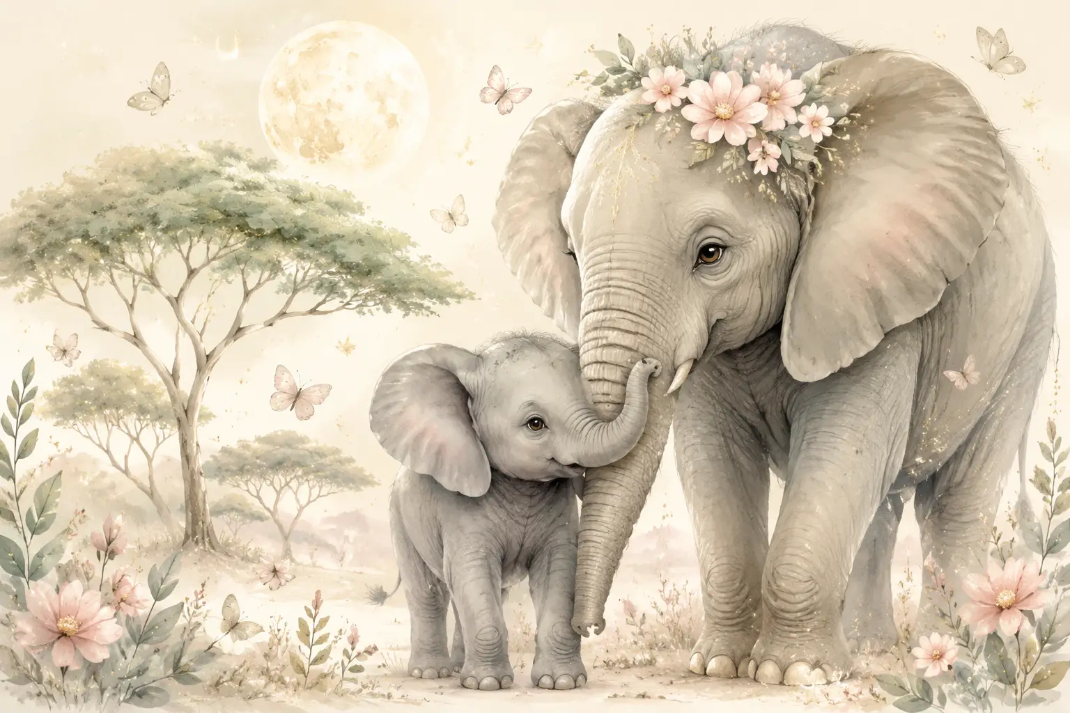 Filhote de elefante aninhado à mãe em ilustração suave de quarto infantil