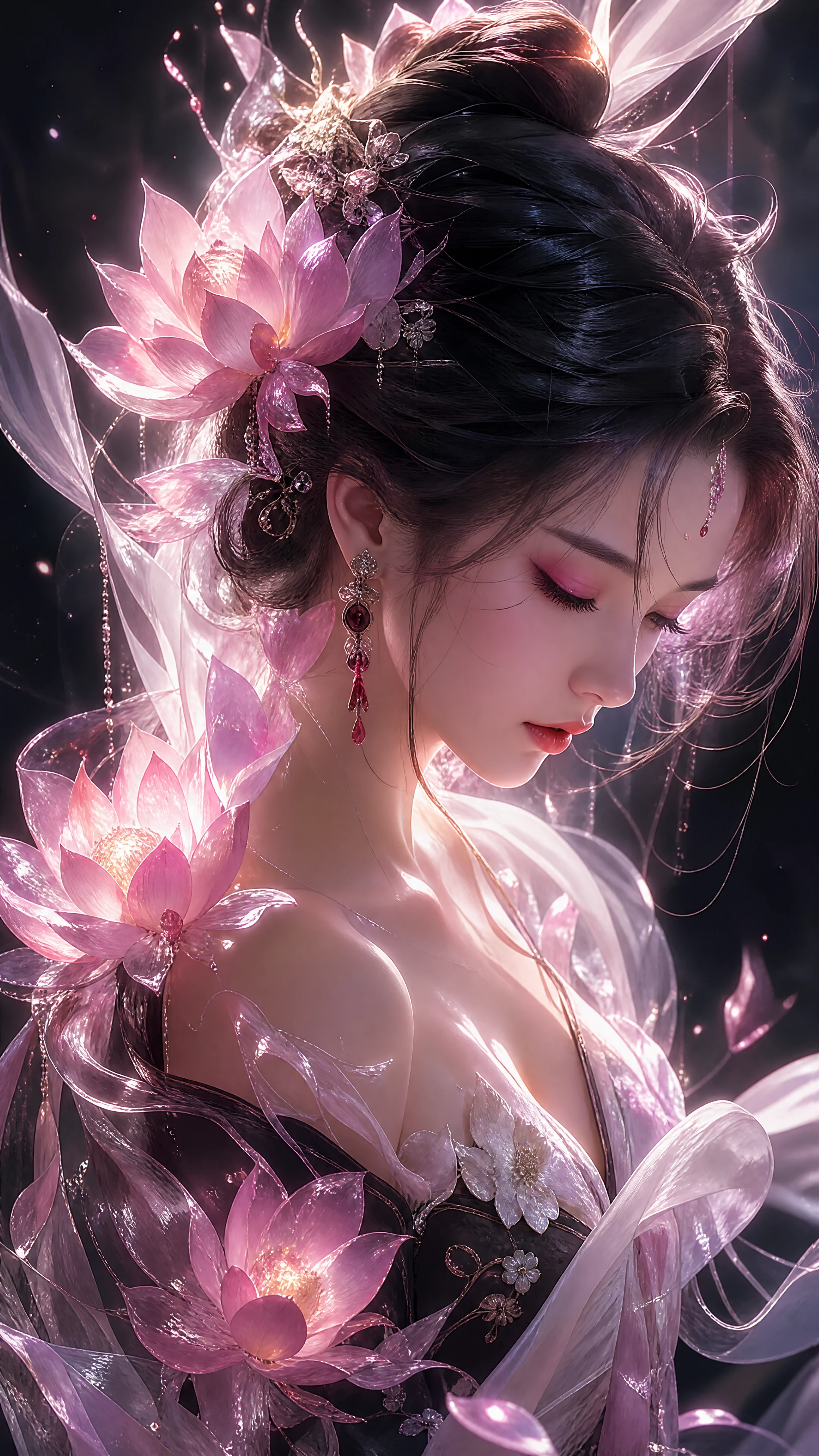 Ethereal anime woman with glowing lotus flowers and silk