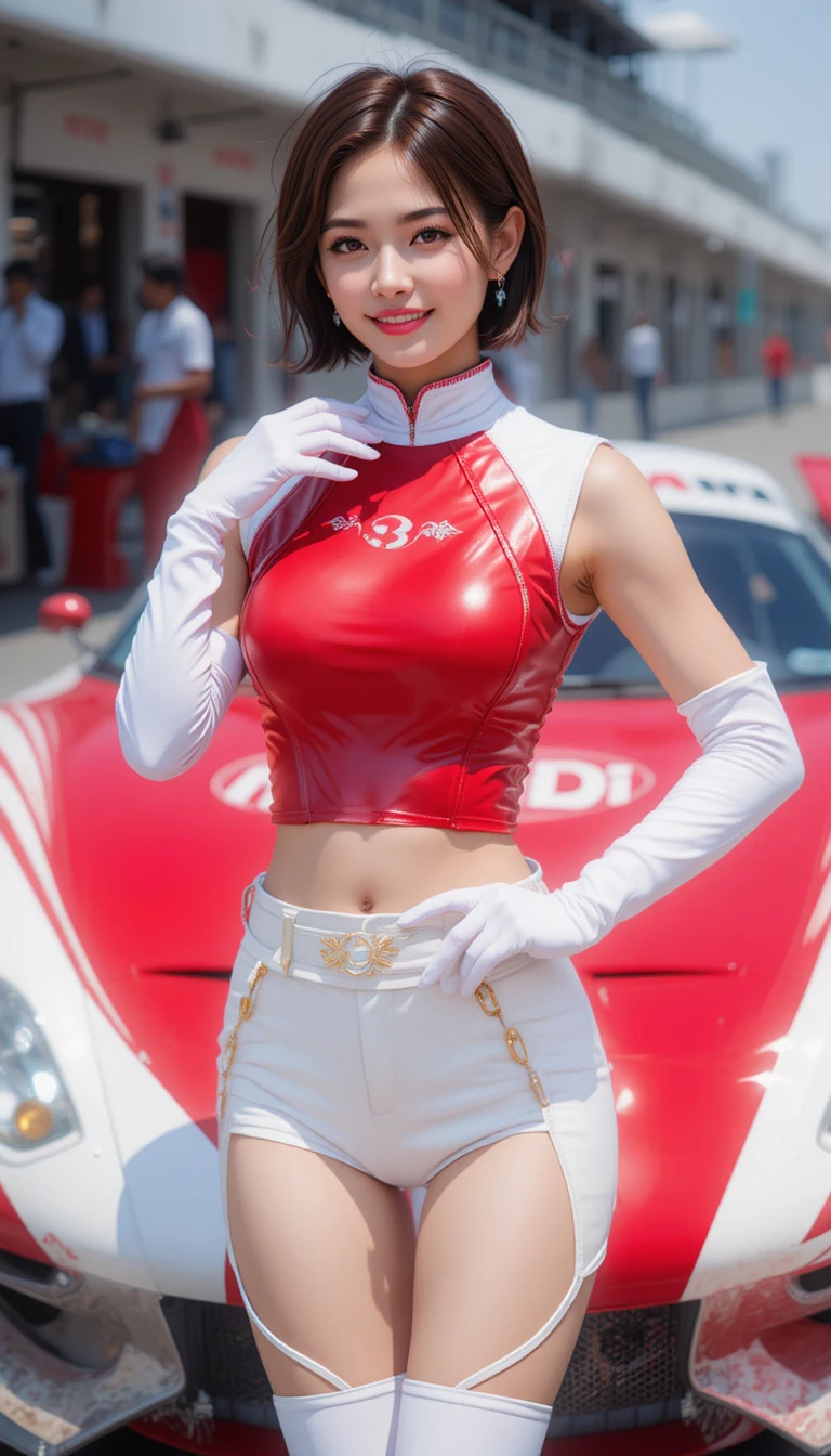 Reina de carreras asiática posando junto a un coche de turismo rojo y blanco
