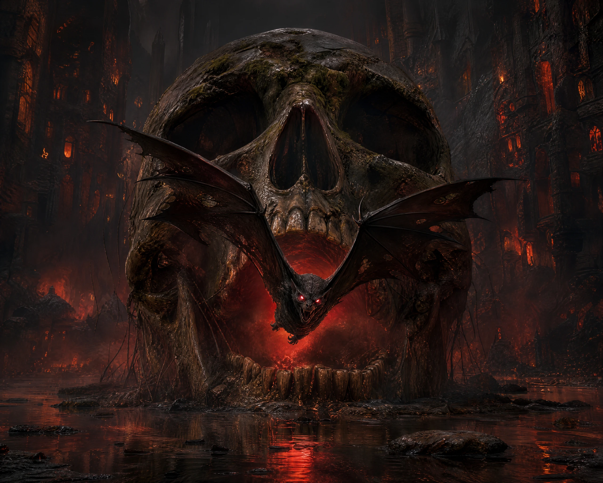 Black bat rising from moss covered skull in fiery hellscape