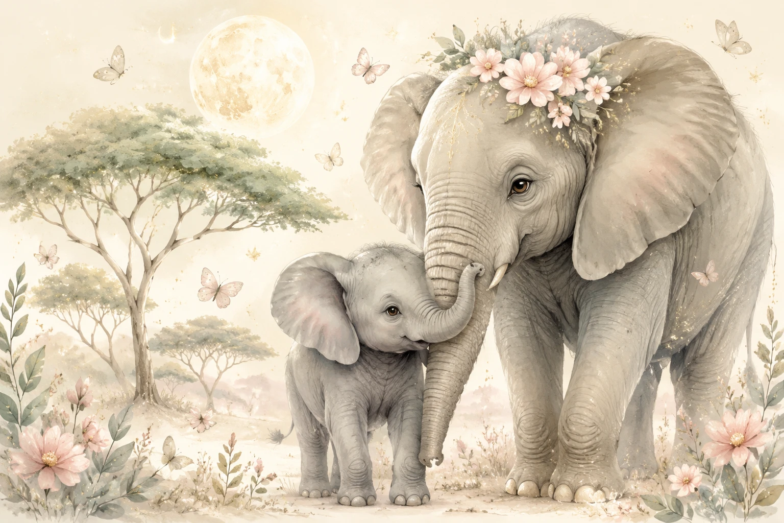 Filhote de elefante aninhado à mãe em ilustração suave de quarto infantil