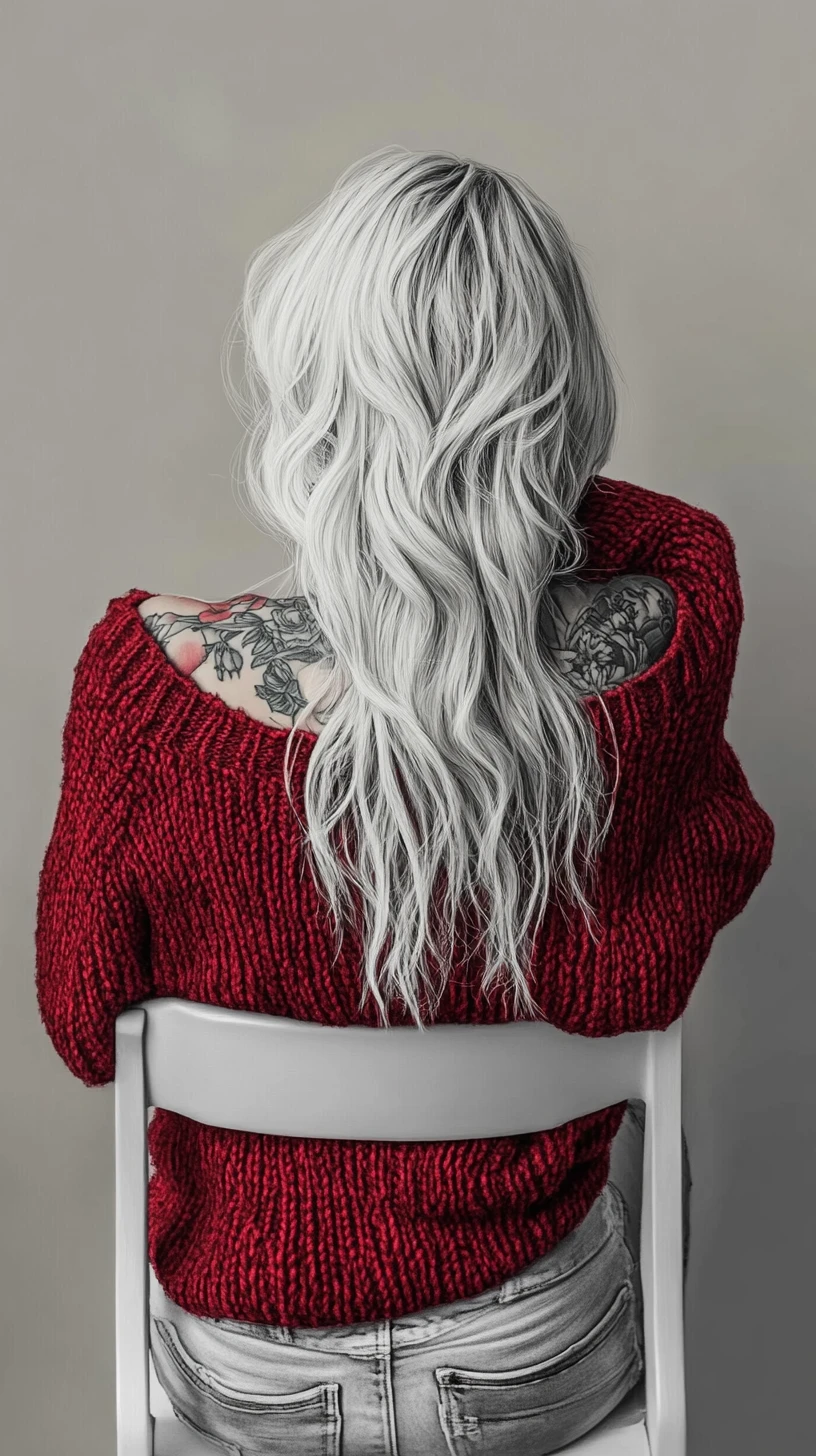 Donna con schiena tatuata inclinata in avanti su sedia bianca