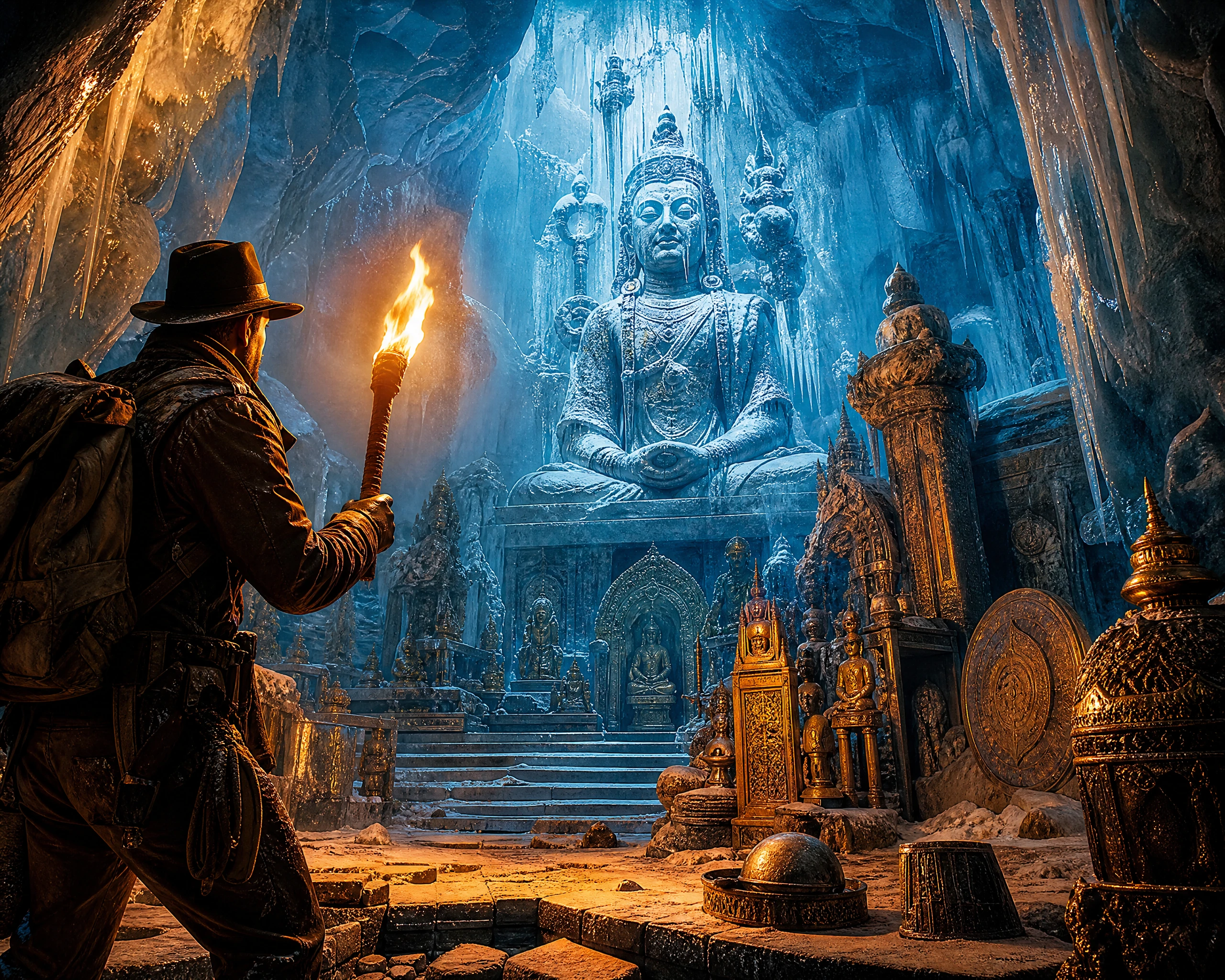 Explorador com tocha em enorme caverna de gelo brilhante no Himalaia