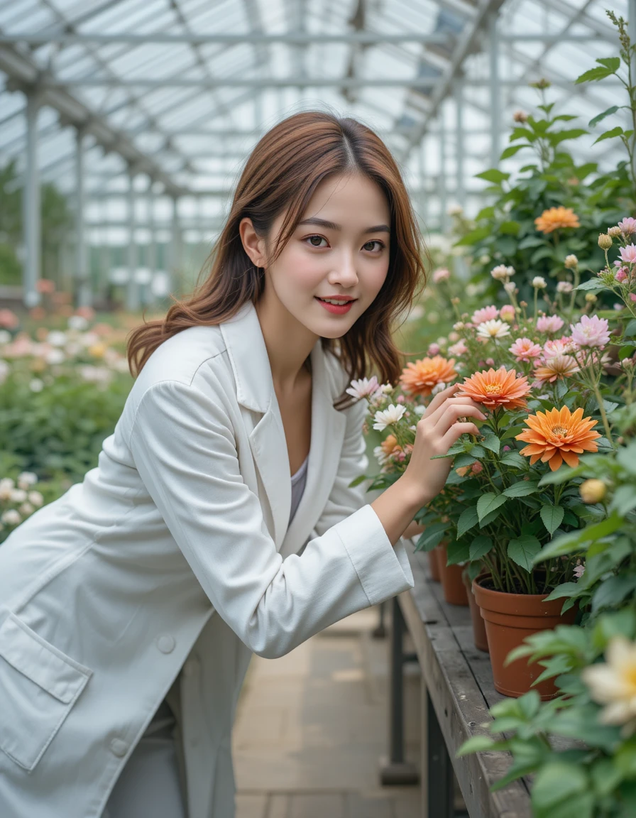 Estudante japonesa curiosa estudando flores em uma estufa