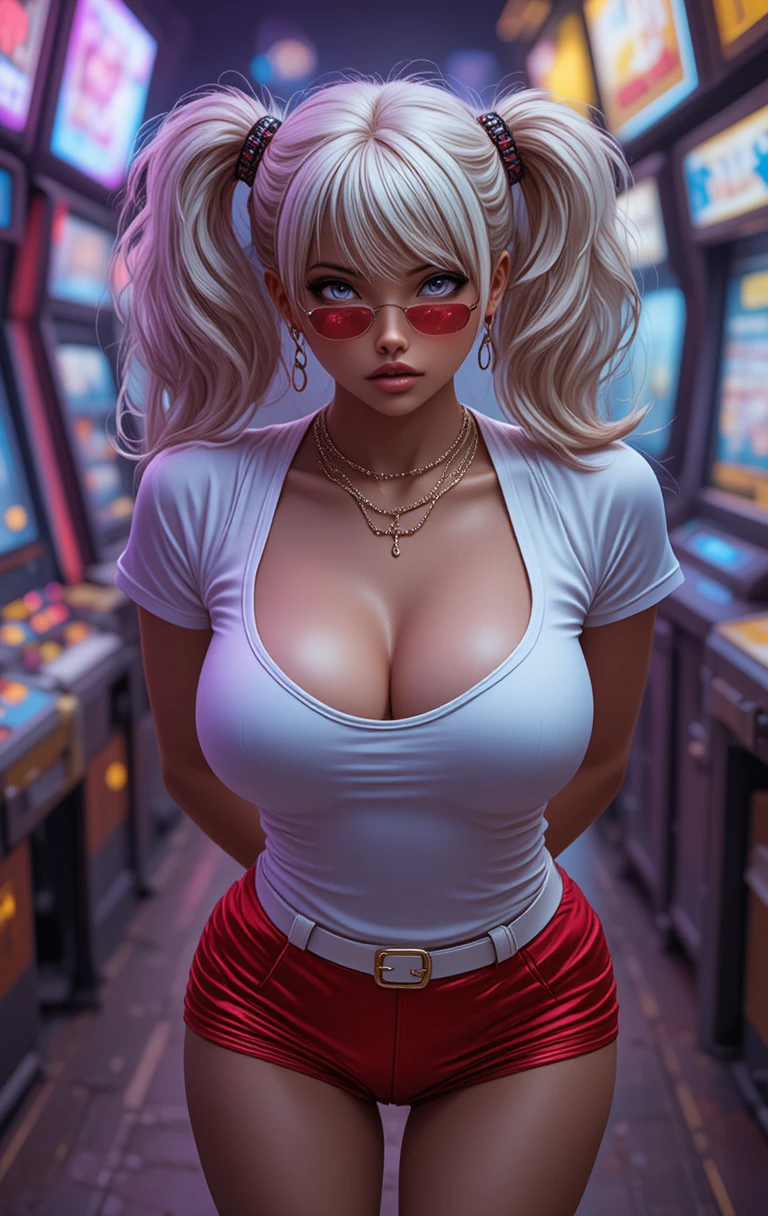 Femme blonde en chemise blanche mouillée posant dans une salle d’arcade