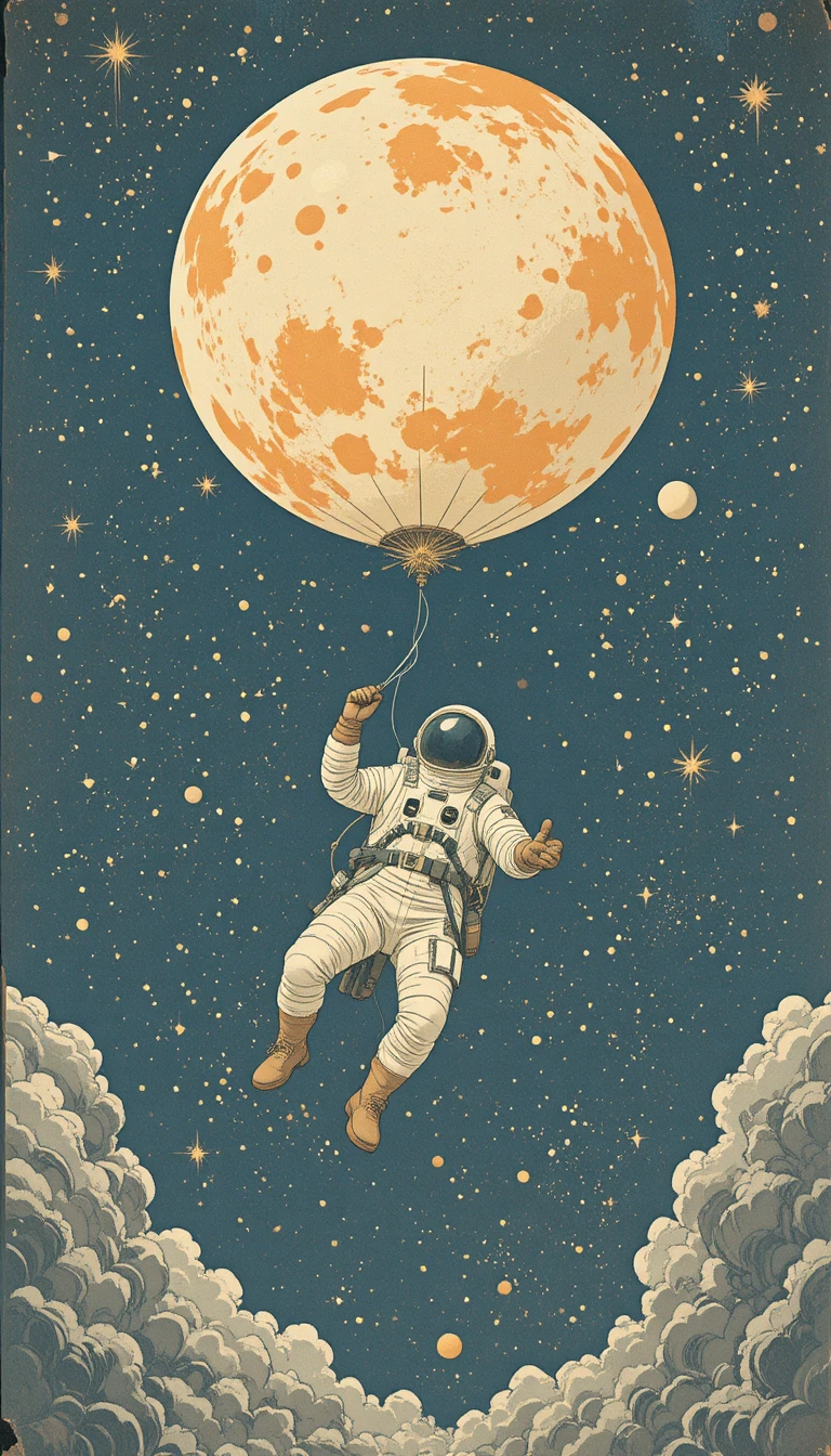 Astronauta retrò che fluttua con un enorme palloncino a forma di pianeta arancione
