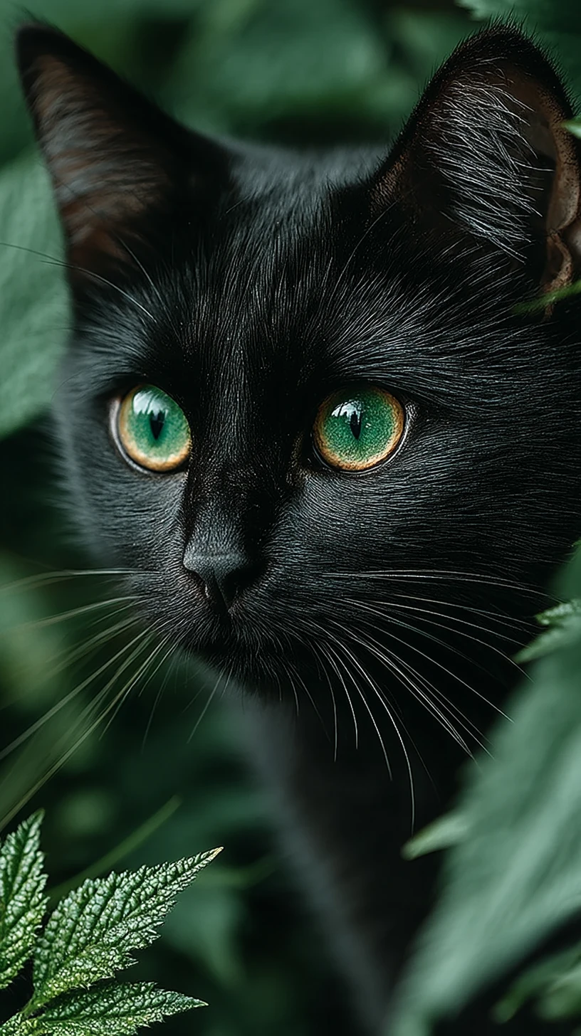 Schwarze Katze mit smaragdgrünen Augen im dichten Wald versteckt