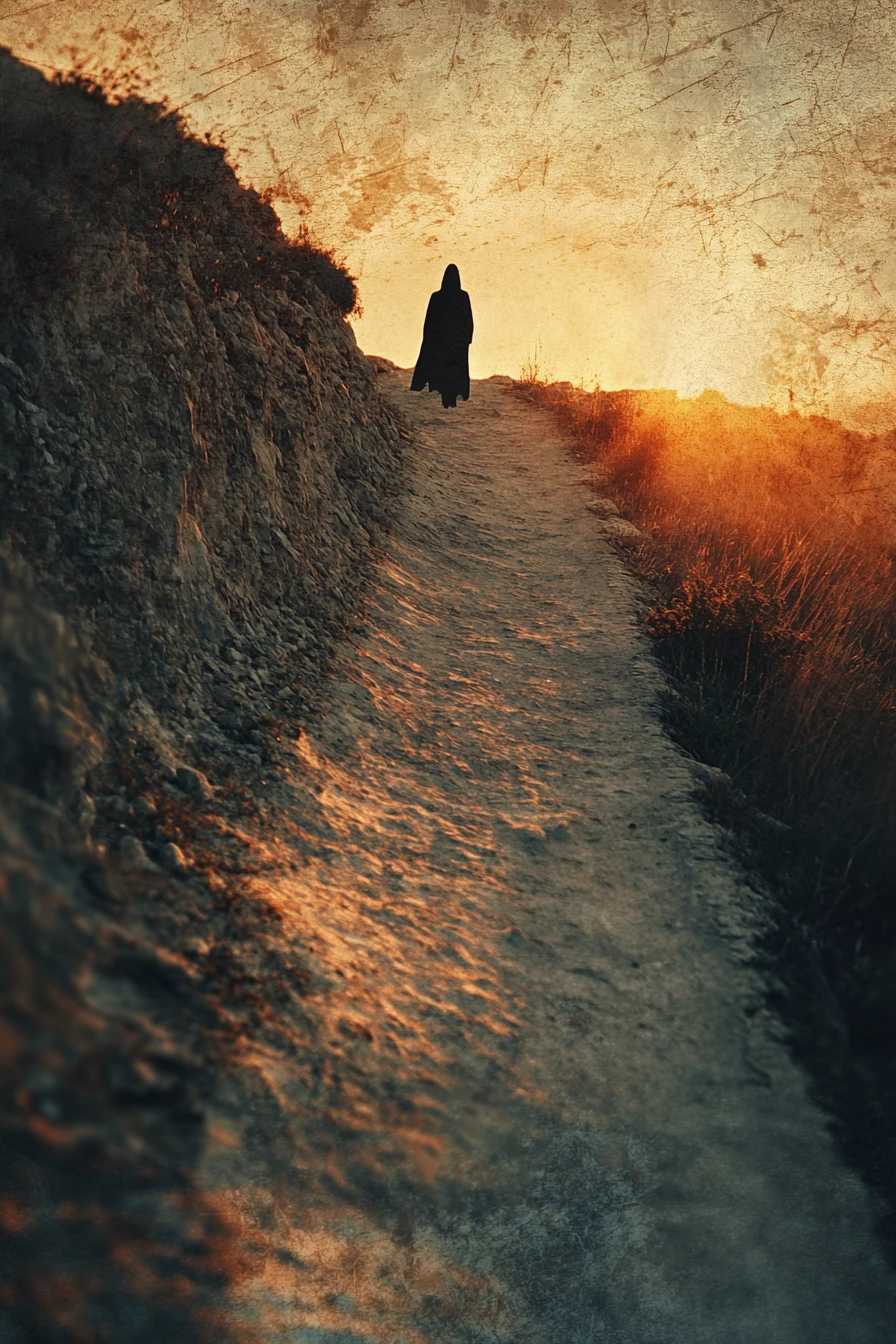 Figura solitária à beira de um antigo caminho ao pôr do sol