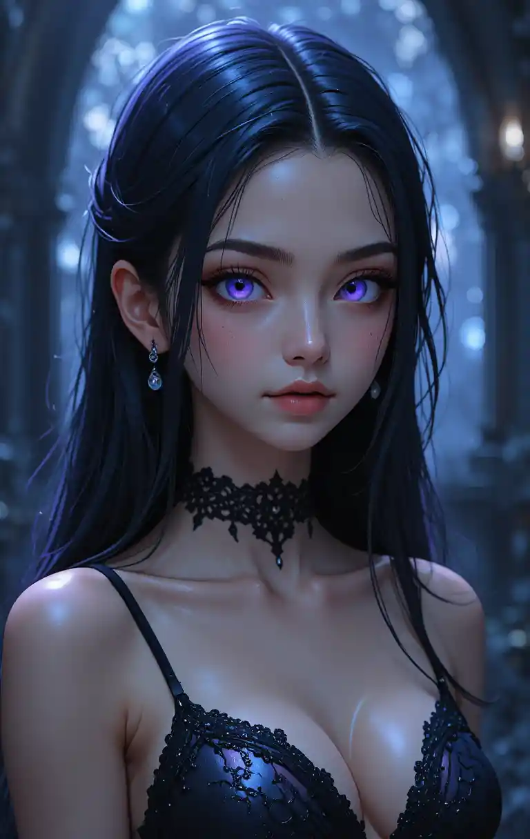 Ragazza spirito dark in stile anime con pelle pallida e occhi viola