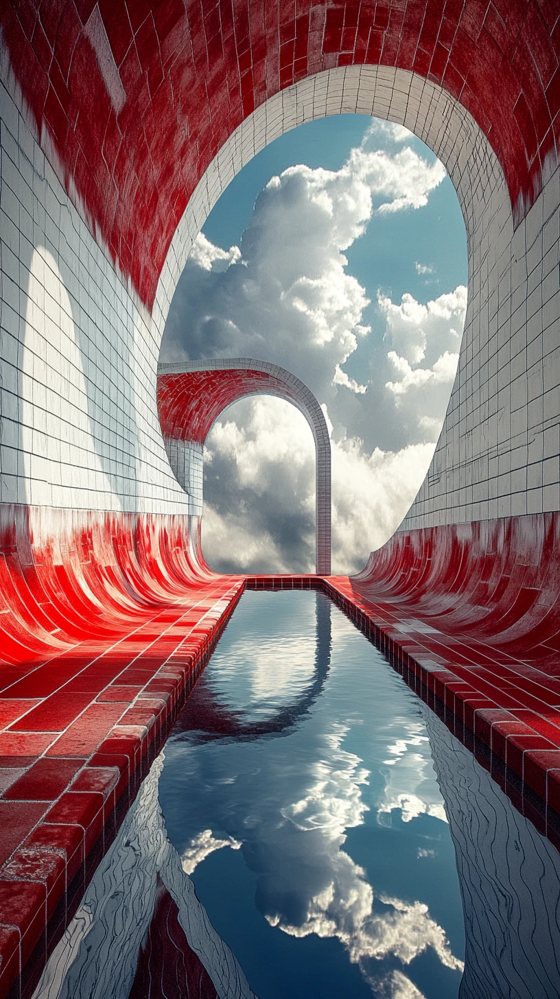 Escadaria surreal de plataformas ascendentes sobre água distante e refletiva
