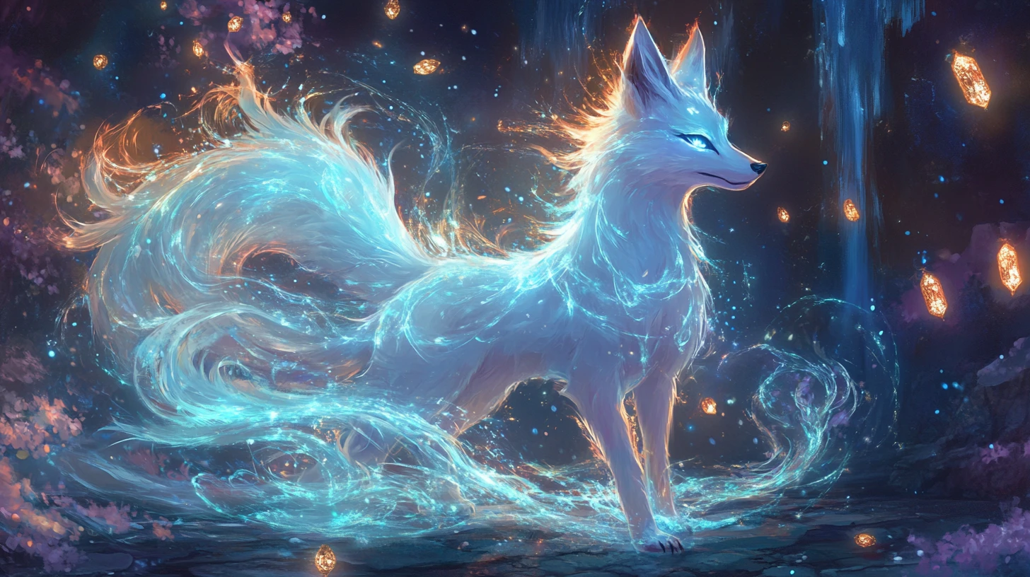 Renard d’opale translucide aux queues flamboyantes sous des lanternes de cristal