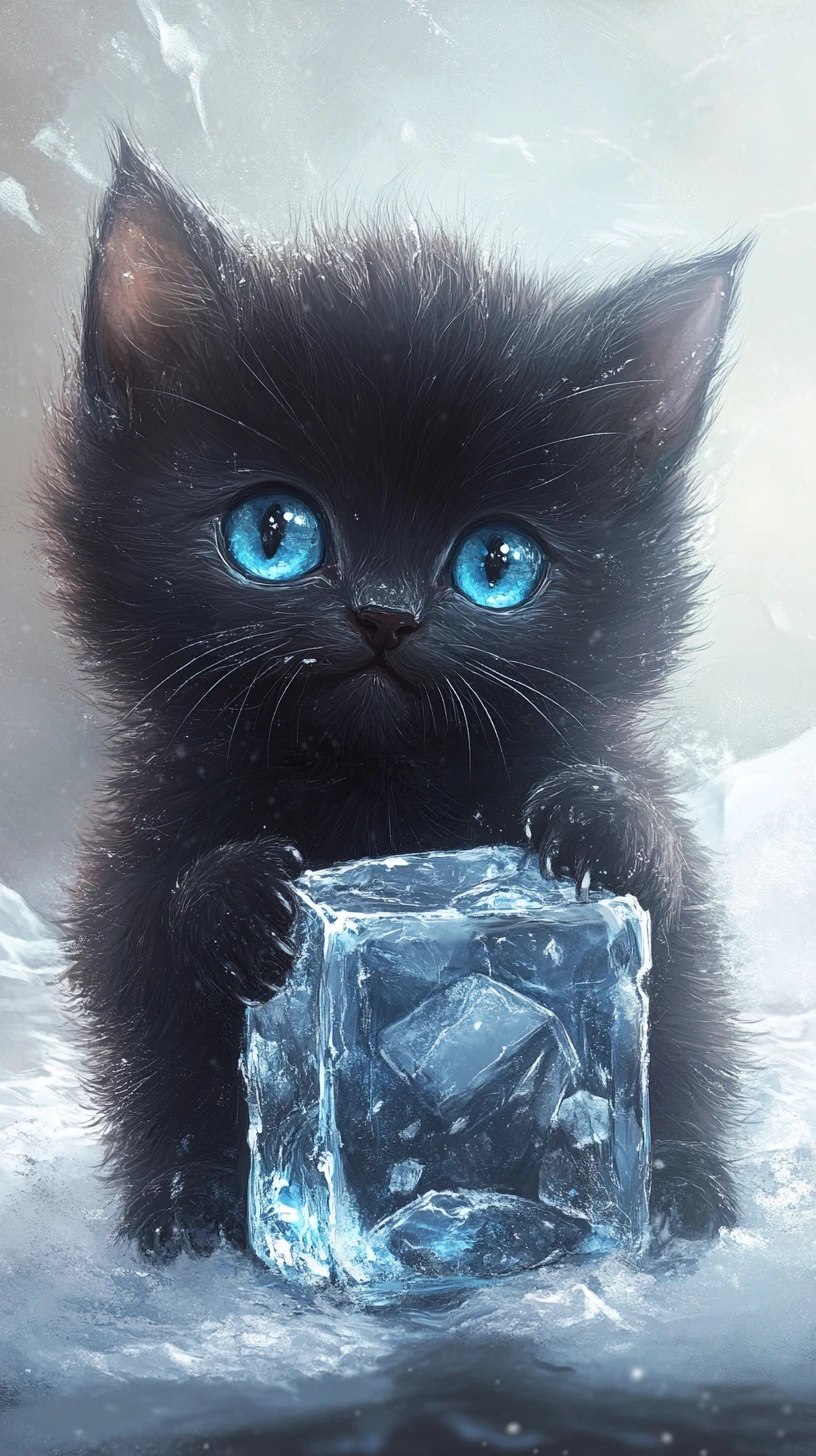 Adorable chaton noir aux yeux bleus avec carte et cube de glace