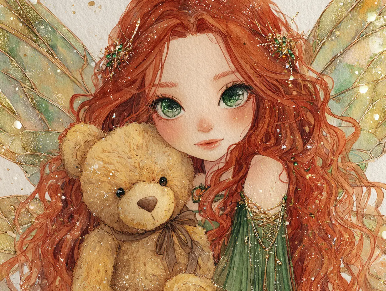 Fairy cradling a worn teddy bear under an autumn tree