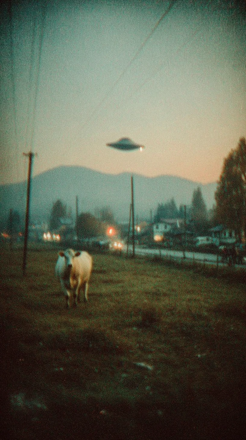 외딴 소 위로 UFO가 떠 있는 빈티지 황혼 풍경