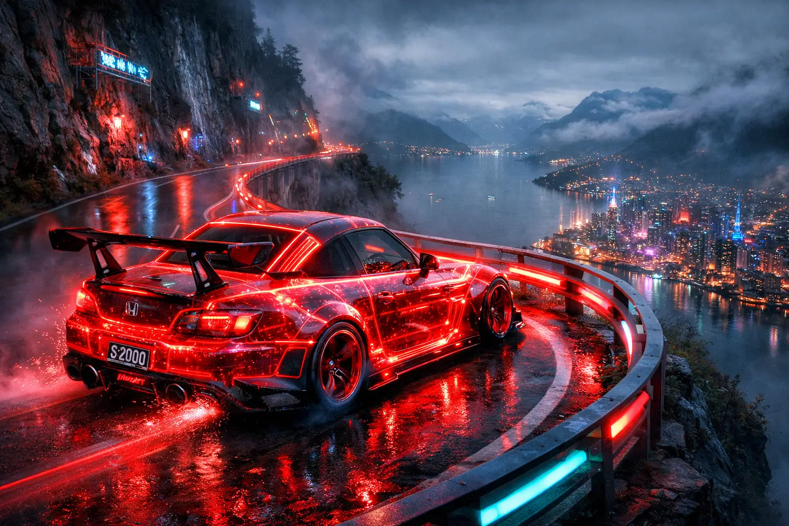 Futuristic sports car racing along neon mountain road