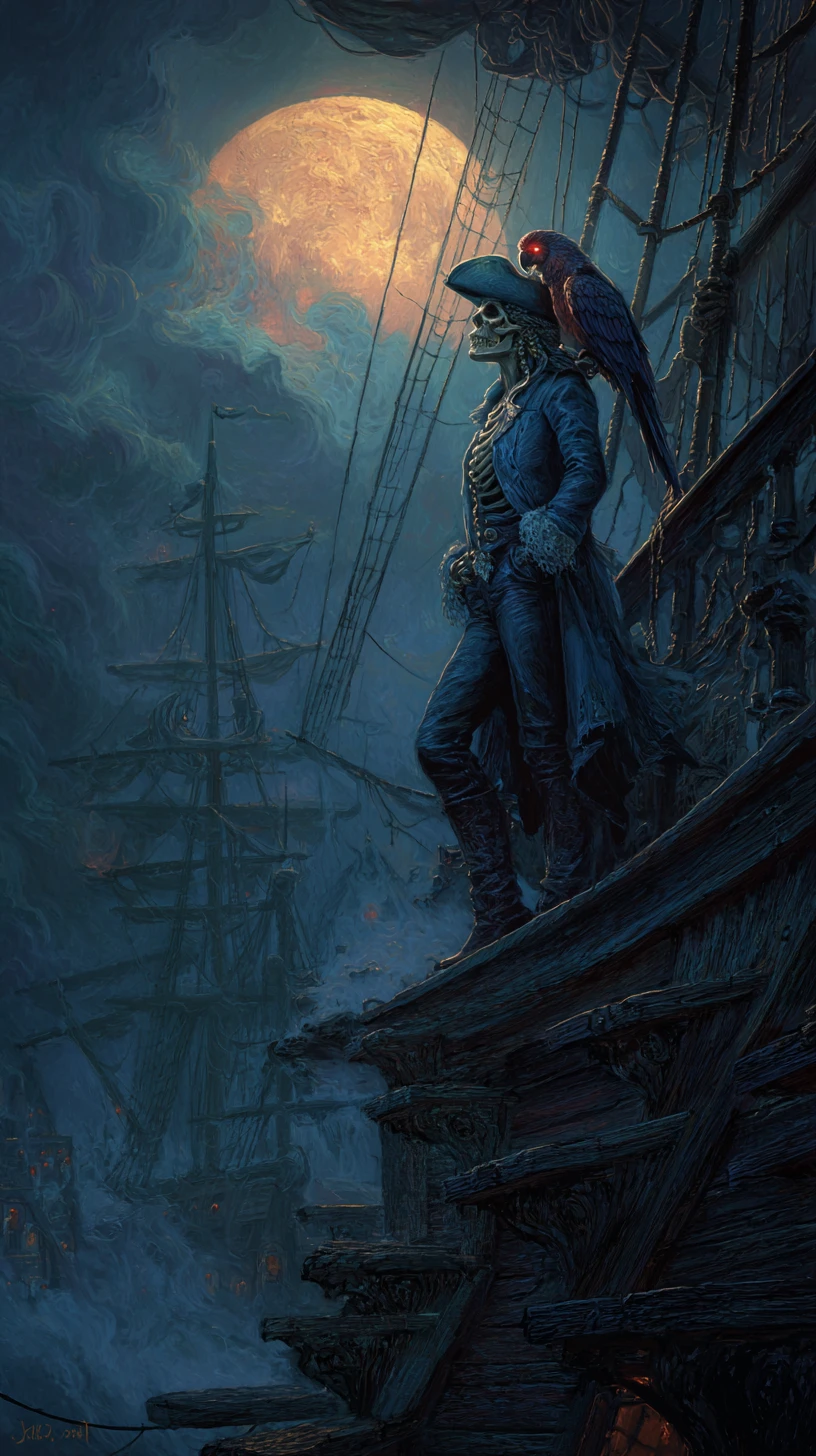 Reine pirate non-morte sur un galion spectral au clair de lune
