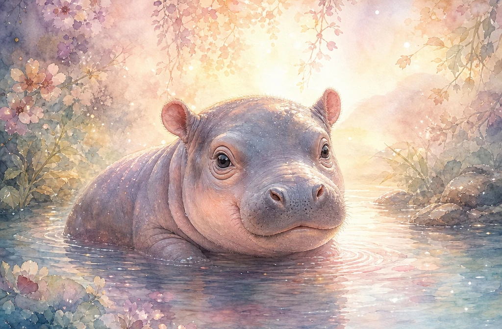 Adorable bébé hippopotame se reposant dans une eau peu profonde et calme