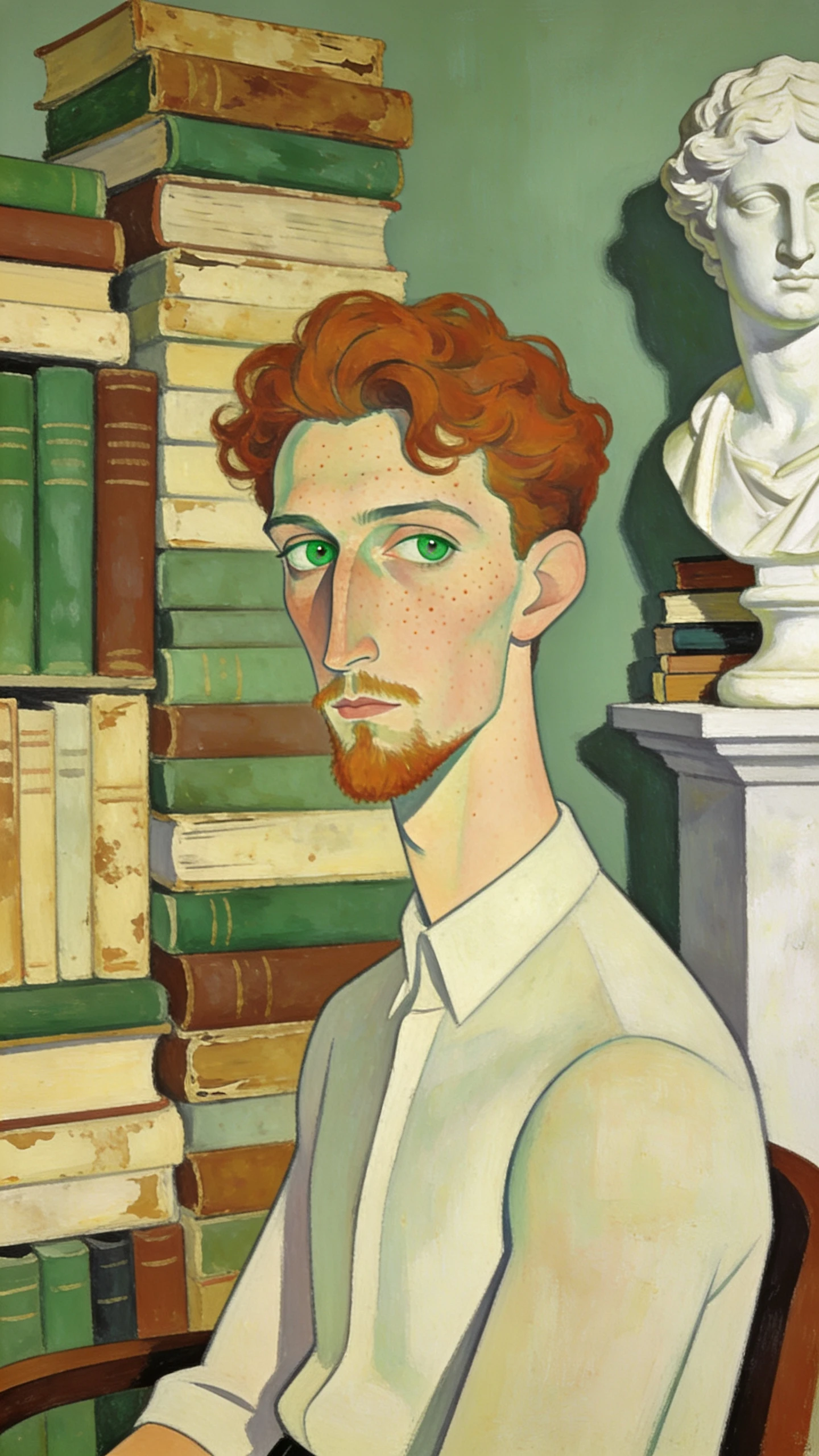 Giovane uomo pensieroso in una biblioteca accademica