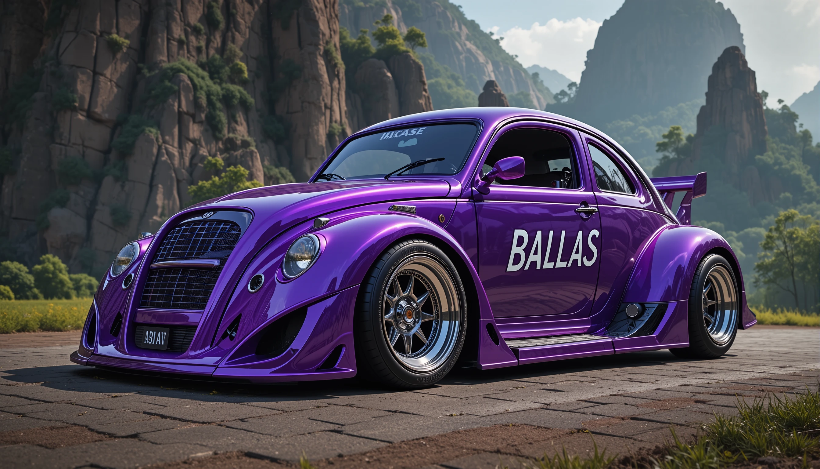 Close-up extremo de microcarro roxo brilhante com spoiler
