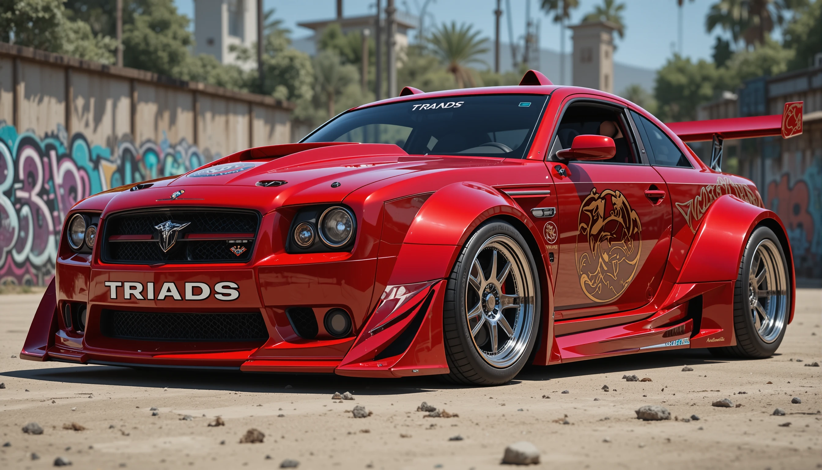 Carro esportivo vermelho widebody em um parque urbano ensolarado
