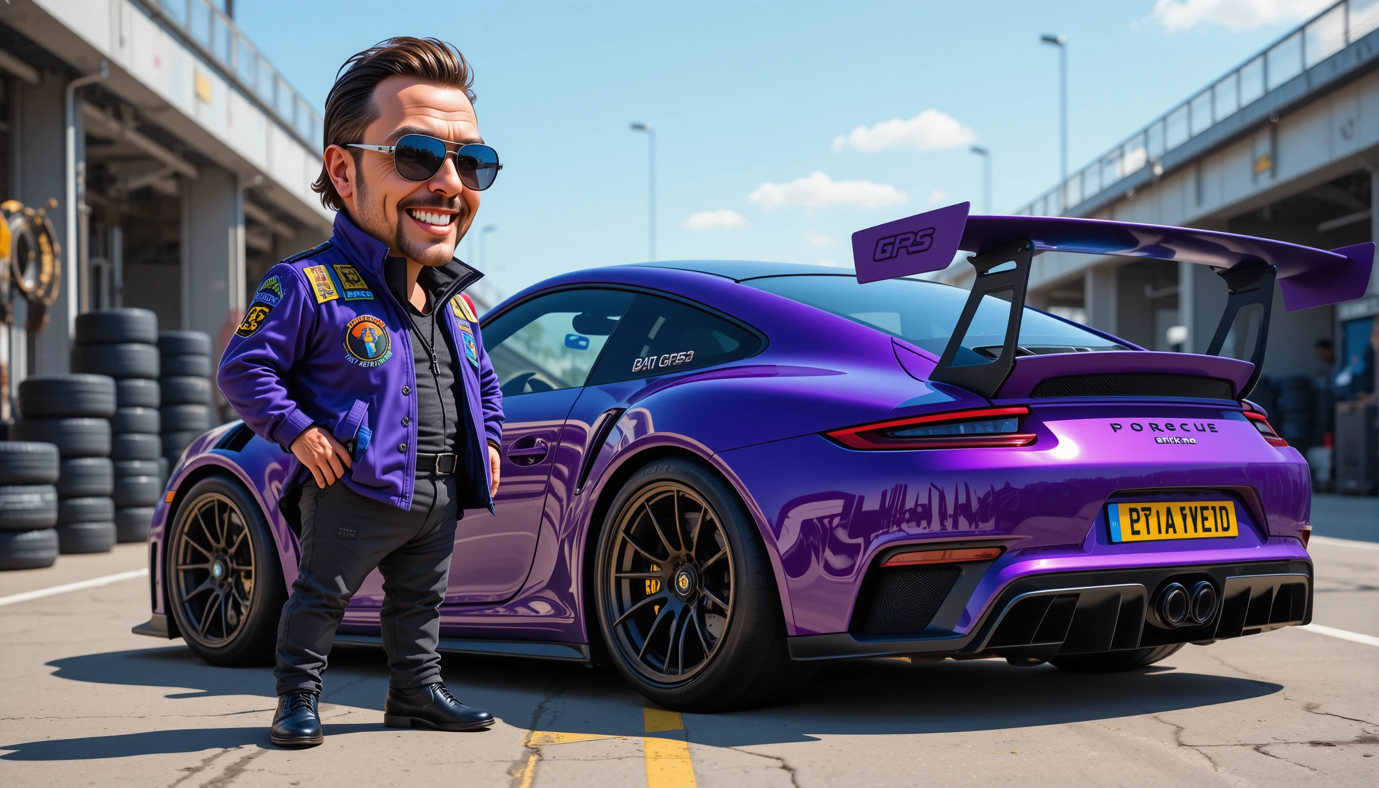 Fotorealistische Nahaufnahme eines Mannes mit violettem Sportwagen
