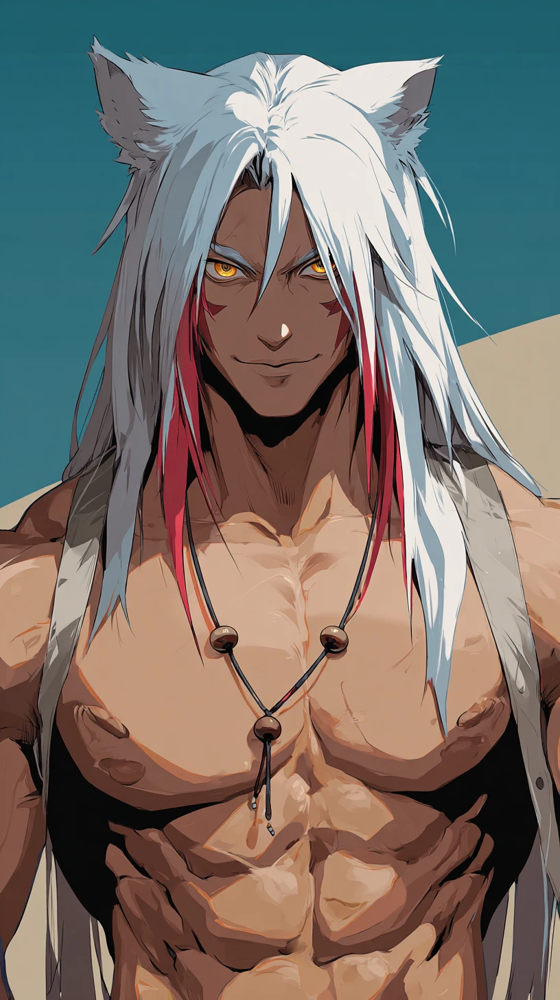 Homem de anime com cabelo bicolor e olhos de heterocromia ao ar livre