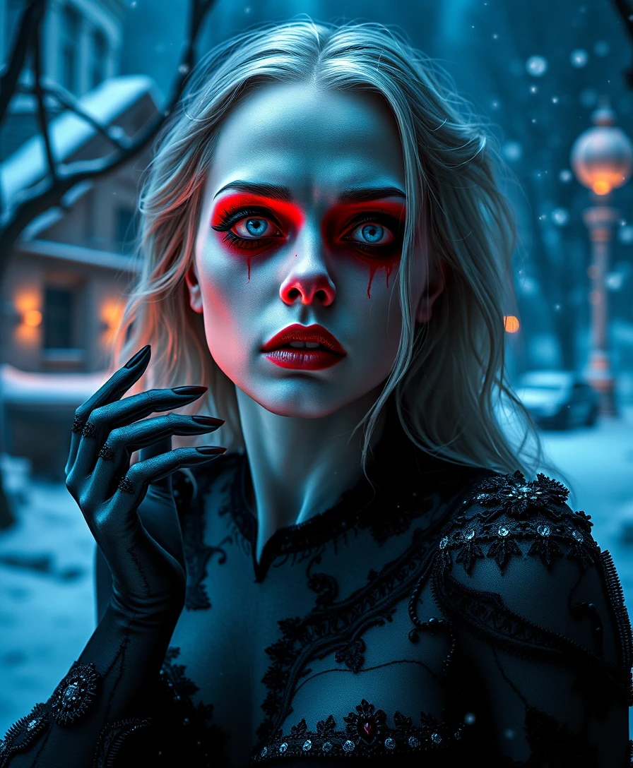 Unheimliche blasse Frau in einer lebhaften popsurrealen Horror-Fantasie