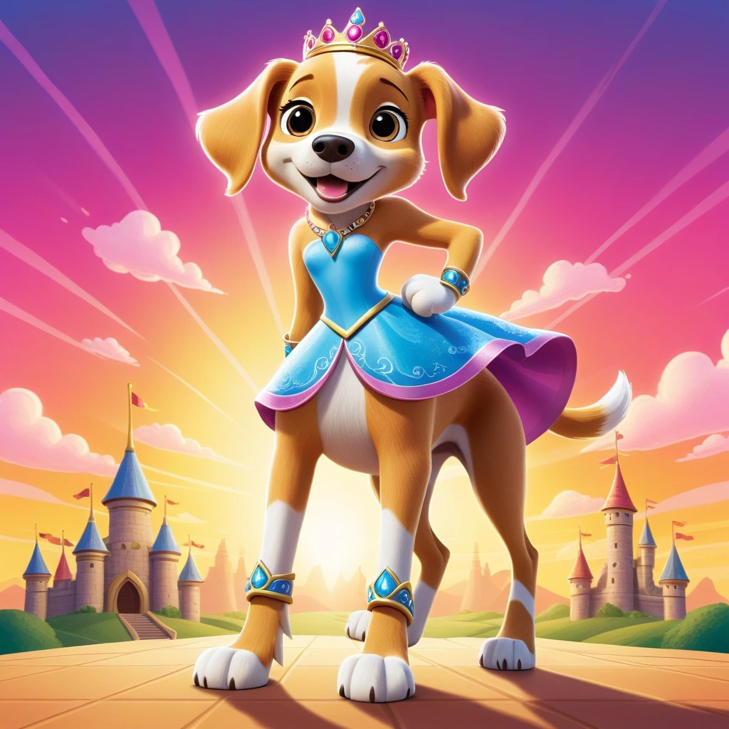 Mascote de cachorrinha princesa em pé em foto de retrato