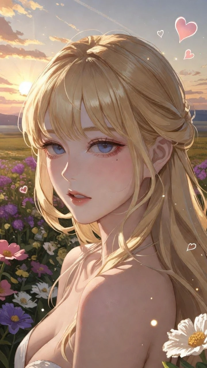 金髪のアニメ少女が花畑に立つ黄金の夕焼け