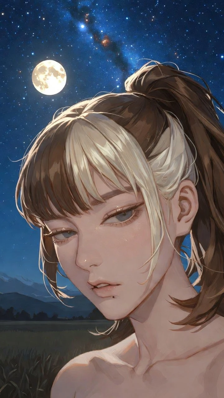 明亮月夜鄉村天空下的自信動漫女孩