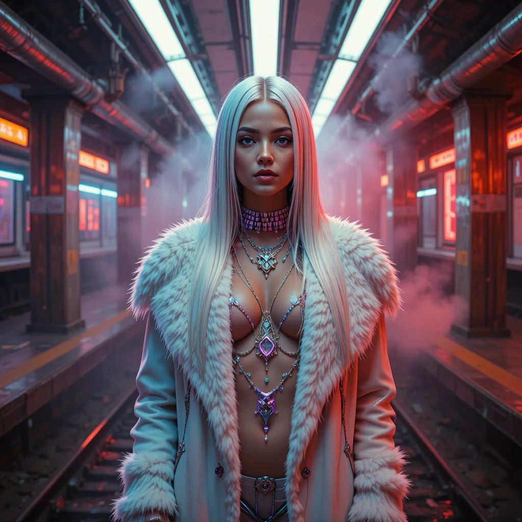 Cyberpunk woman on neon lit subway film set