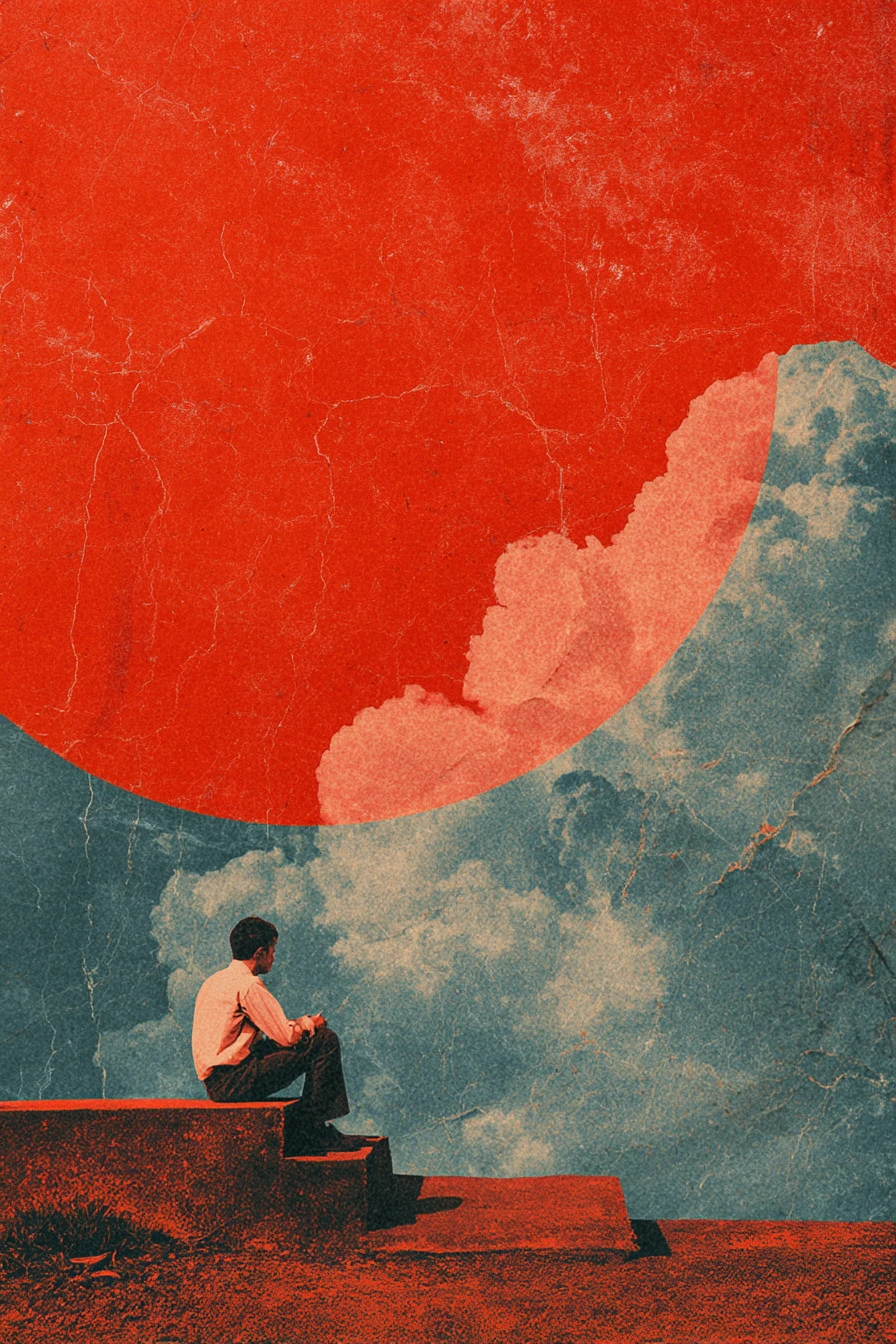 Colagem surreal de uma figura solitária invisível em um espaço abstrato