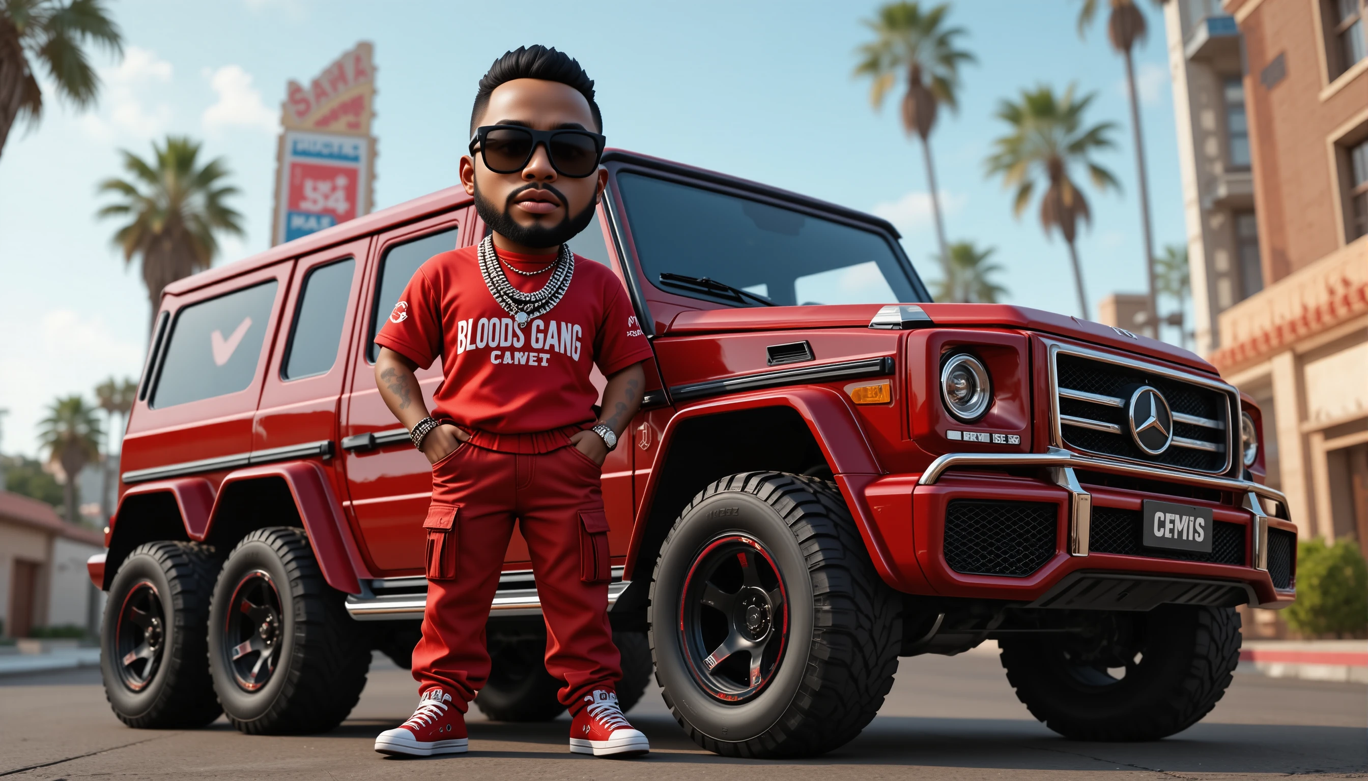 Rapper 3D ao lado de SUV blindado em rua da cidade