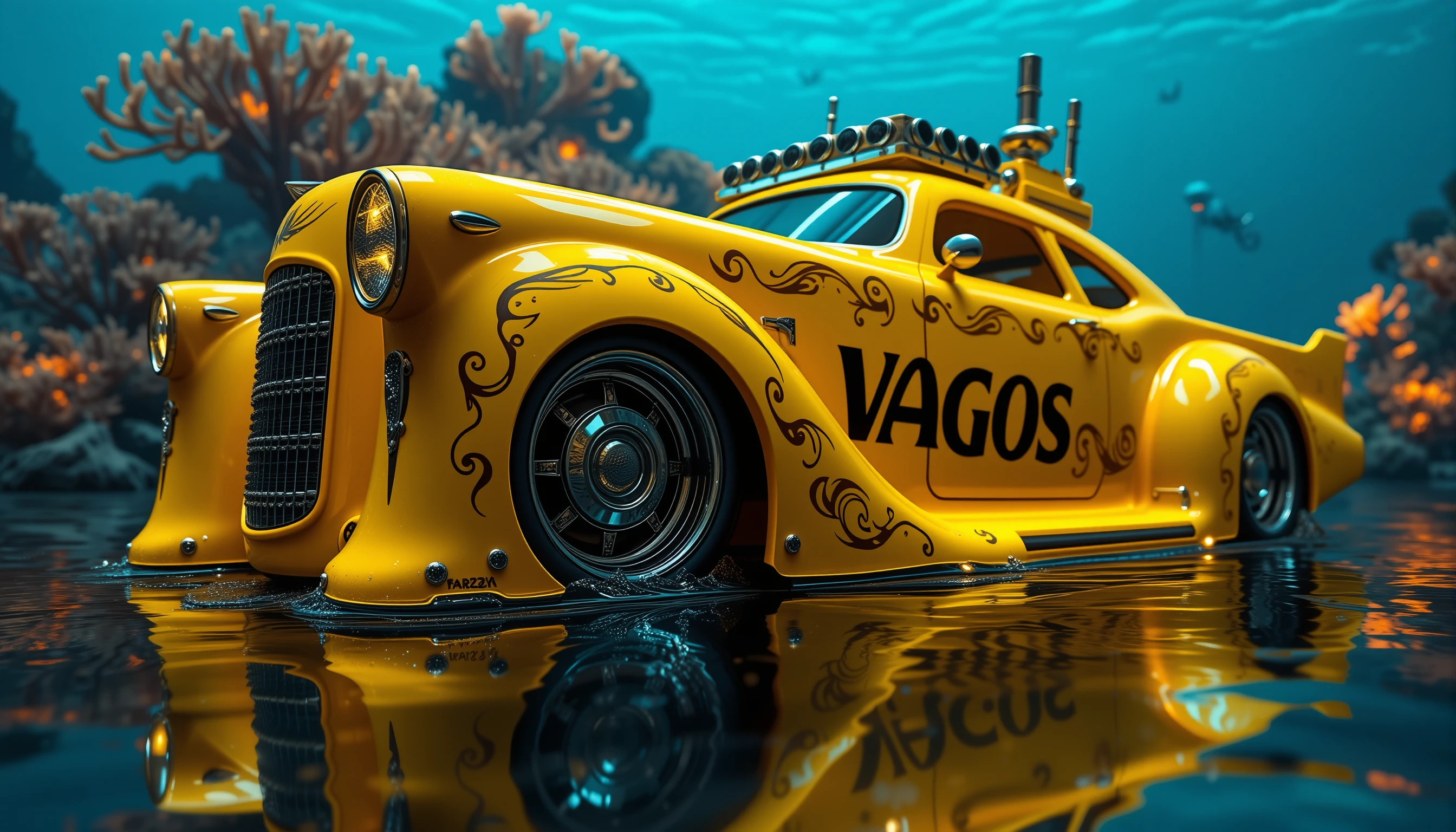Carro lowrider amarelo brilhante em uma fortaleza de corais subaquática