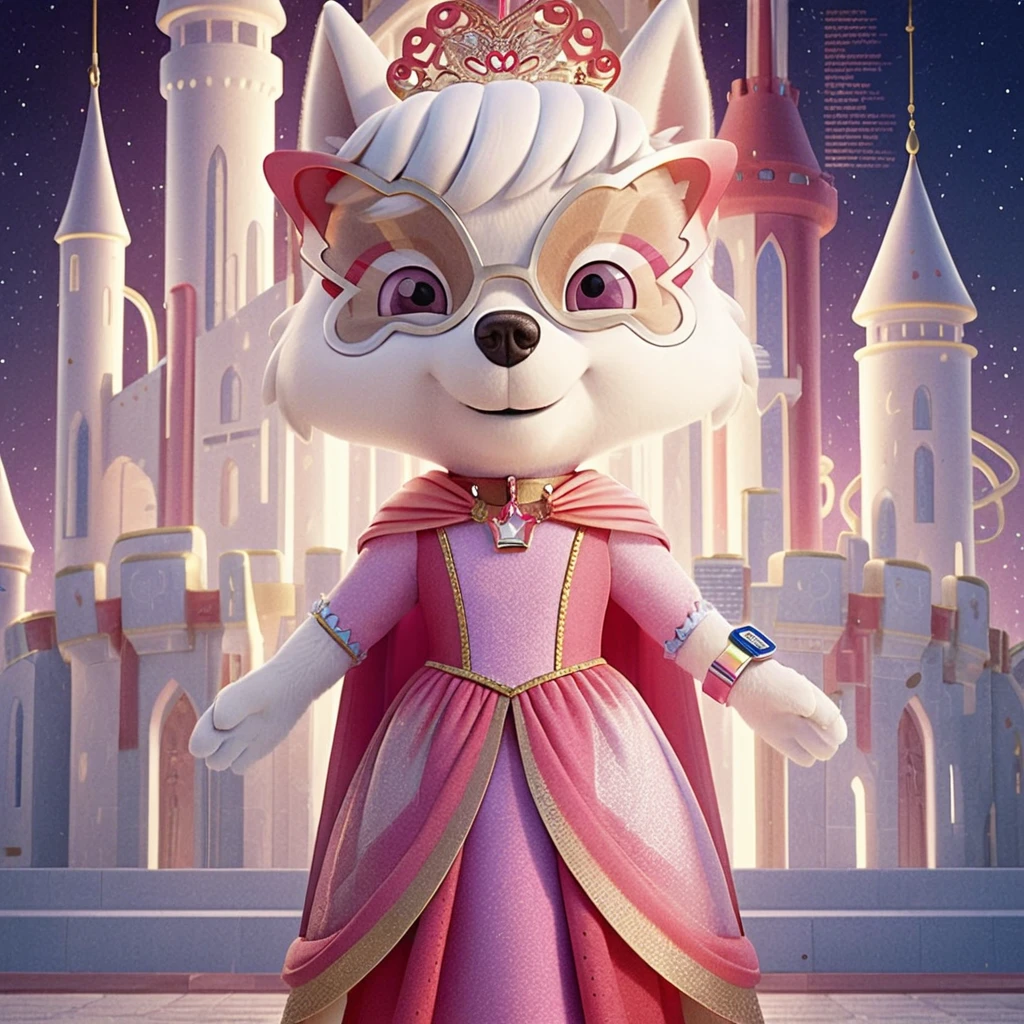 Garota mascote de cachorro em frente a um castelo de maçã fantástico