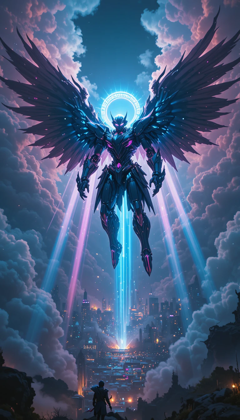 Gigantesco angelo mecha che discende sopra città futuristica al neon