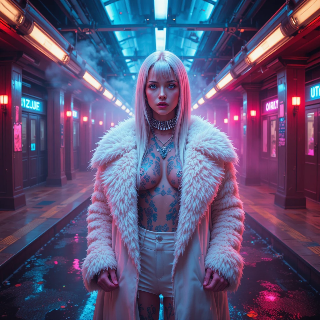 Cyberpunk fashion woman on neon subway film set