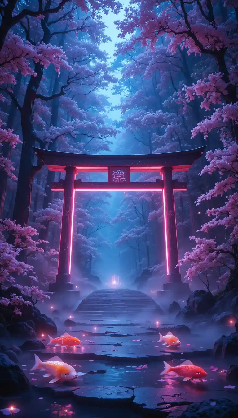 Santuario al neon futuristico che brilla in una mistica foresta cyber