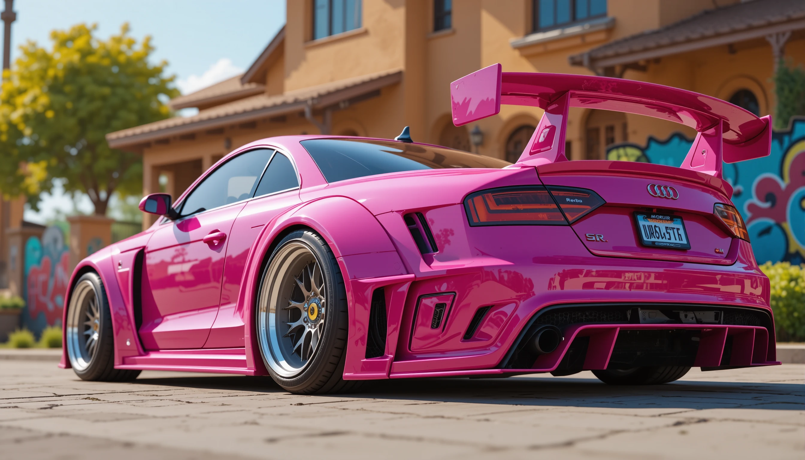 Voiture de sport rose tunée dans une rue de banlieue en style 3D