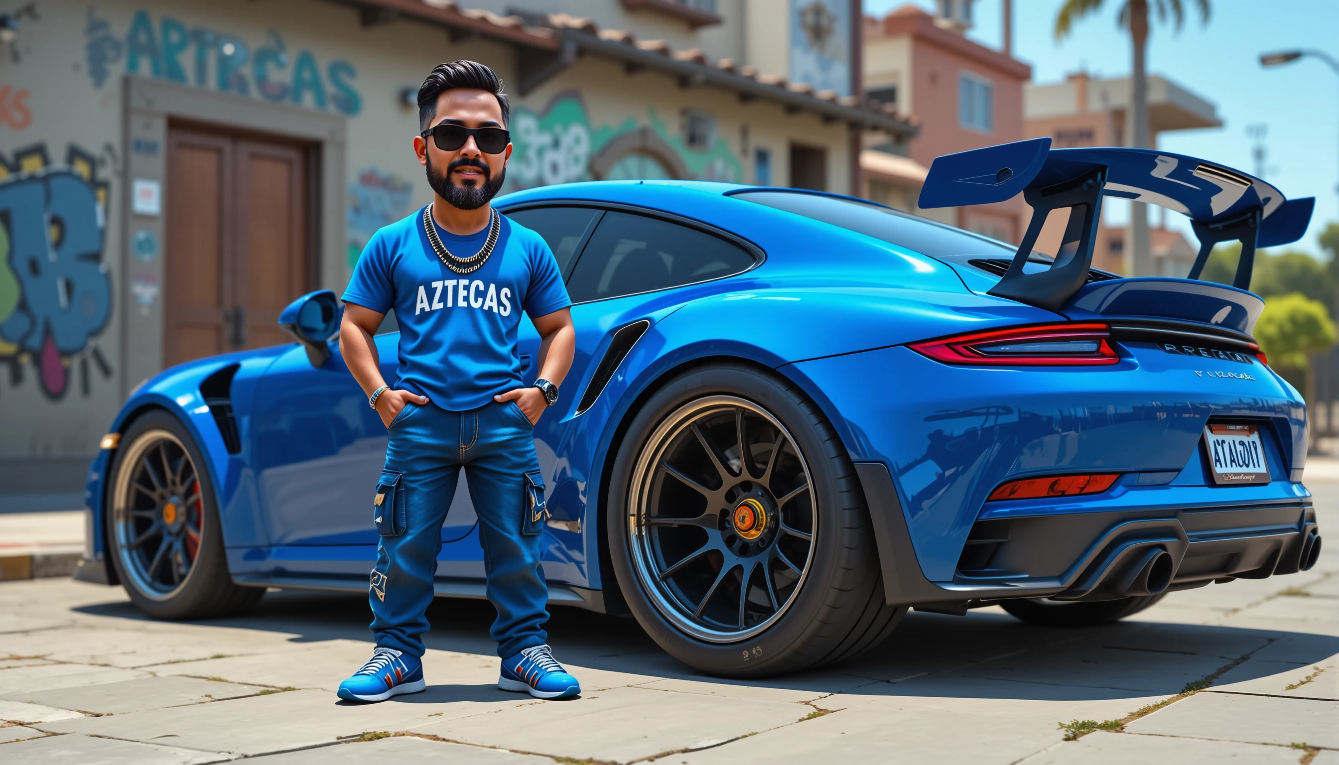 Rapper estilizado posando ao lado de carro esportivo azul widebody
