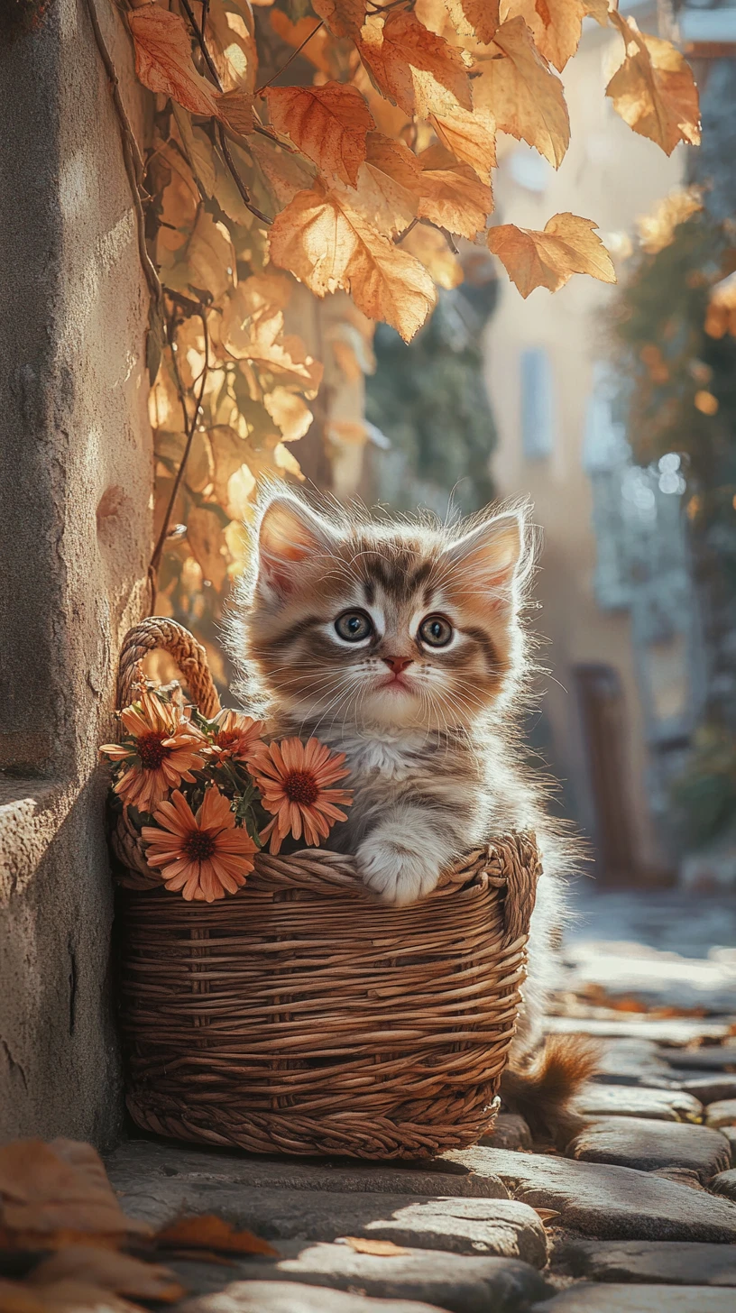 Minuscule chaton dans un panier de fleurs sur un chemin pavé de village